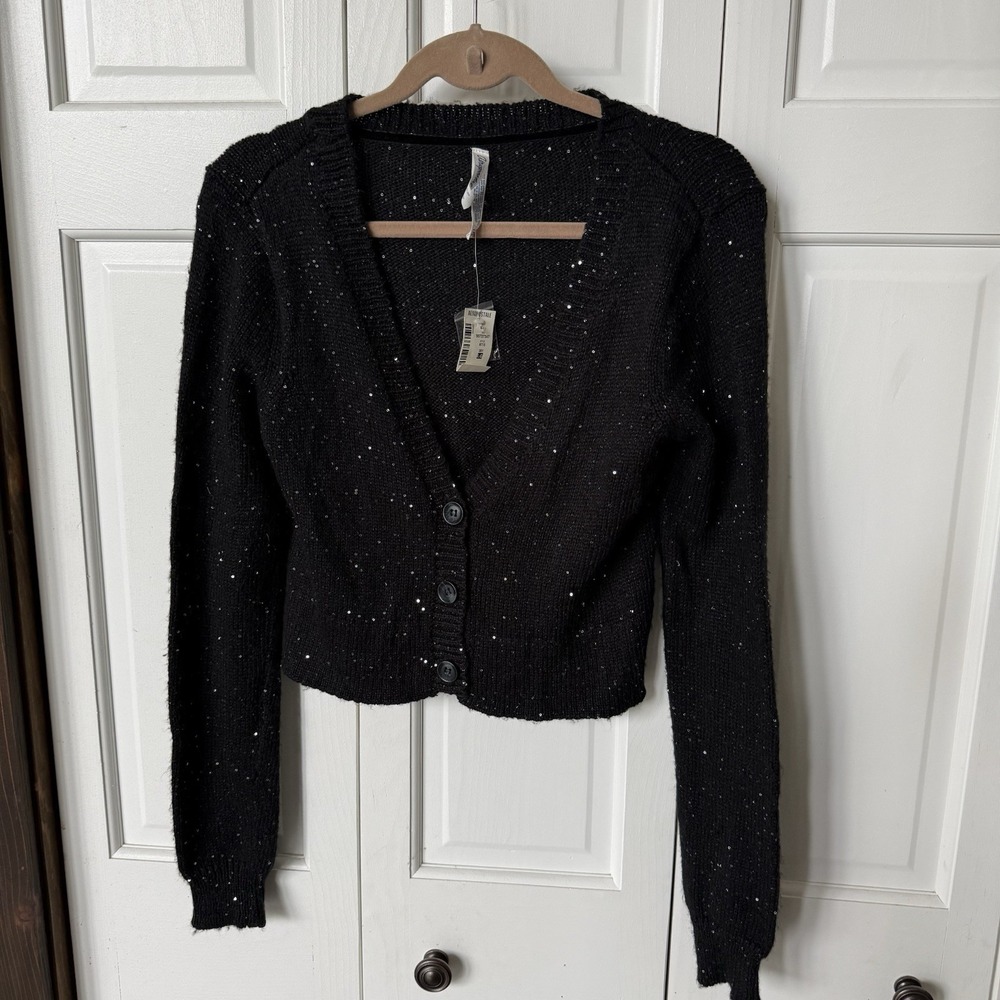 Aeropostale Women's L Black Sequin Cropped Cardigan Sweater Y2K Sparkle Knit